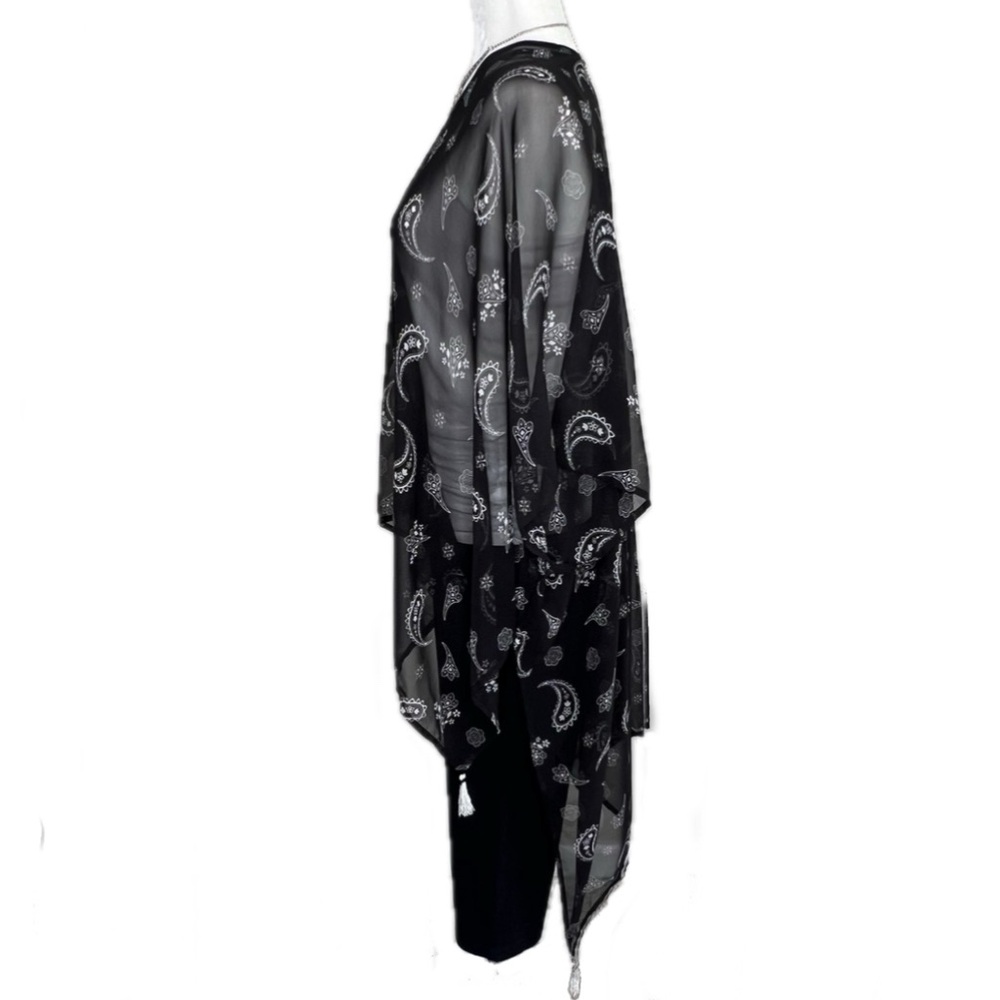 Sheer Paisley Kimono Handkerchief Hem Tassels Black White One Size Cardigan - Picture 5 of 16